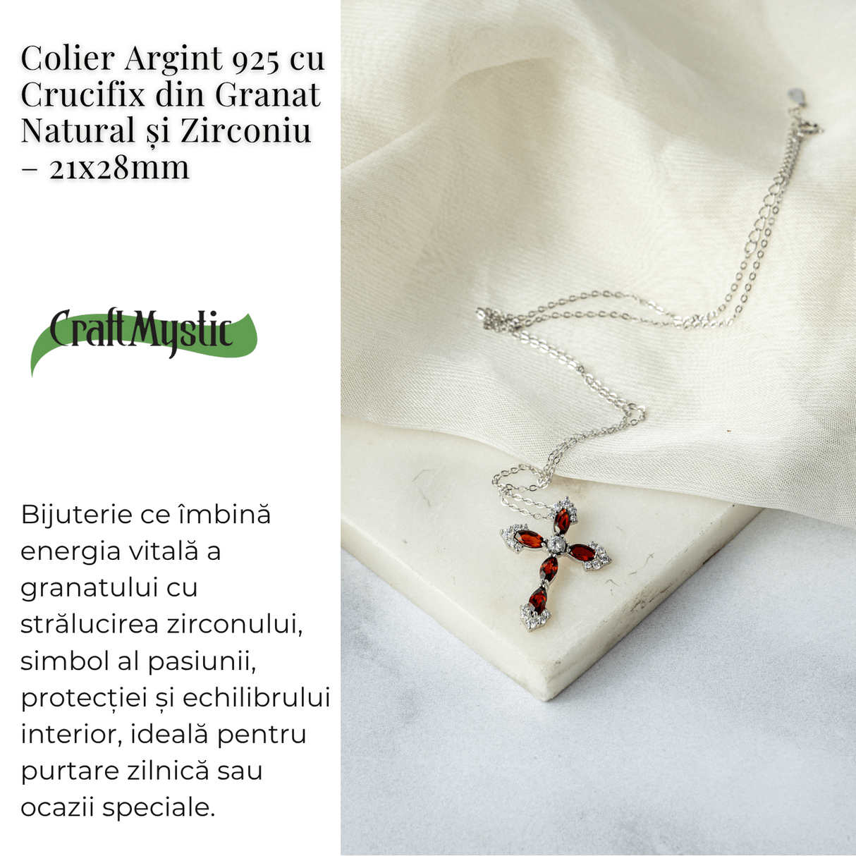 Colier Argint 925 cu Crucifix din Granat Natural si Zirconiu - Simbol al Energiei Vitale, Pasiunii si Protectiei Interioare