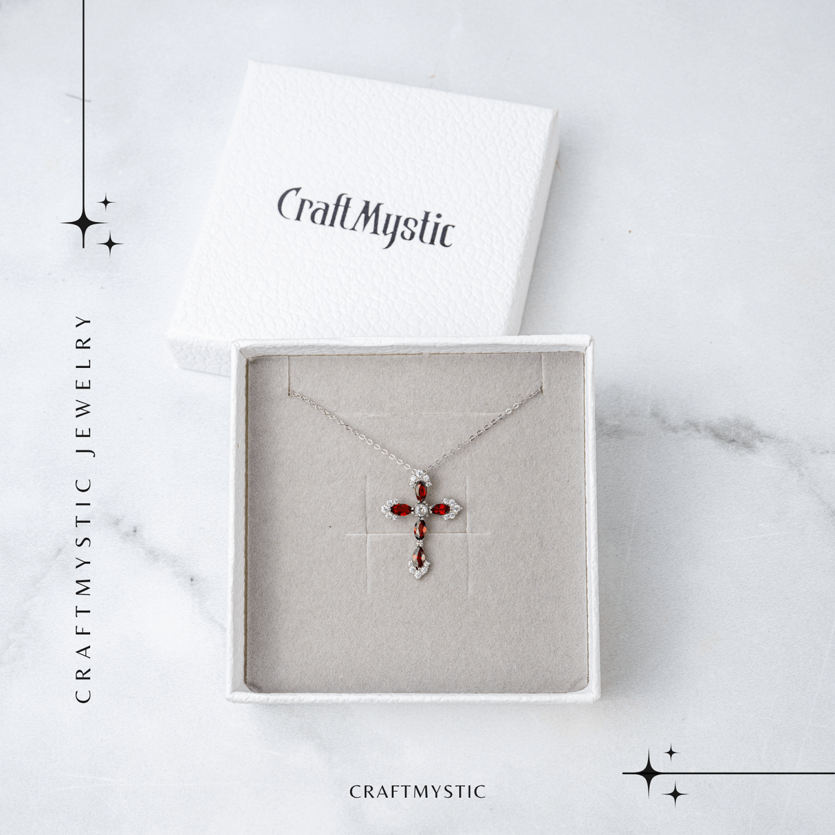 Colier Argint 925 cu Crucifix din Granat Natural si Zirconiu - Simbol al Energiei Vitale, Pasiunii si Protectiei Interioare