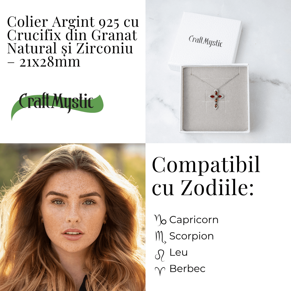 Colier Argint 925 cu Crucifix din Granat Natural si Zirconiu - Simbol al Energiei Vitale, Pasiunii si Protectiei Interioare