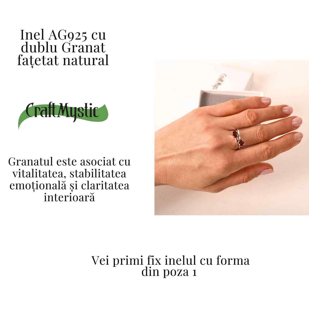 Inel reglabil din argint 925 cu dublu granat, pentru energie si stabilitate interioara