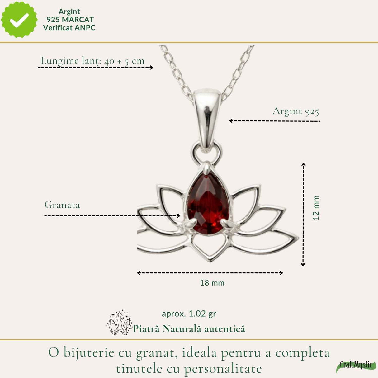 Colier Argint 925 cu Granat Lotus – Energie si Renastere Interioara