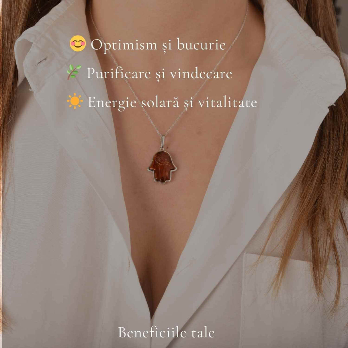 Colier argint 925 cu Mana lui Fatima si chihlimbar natural - Protectie si vitalitate