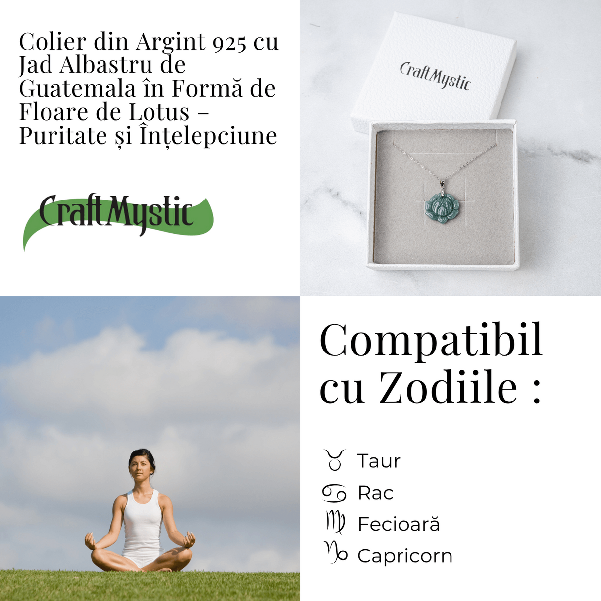 Colier Argint 925 cu Jad Albastru Guatemala in Forma de Floare de Lotus - Puritate si Armonie Interioara