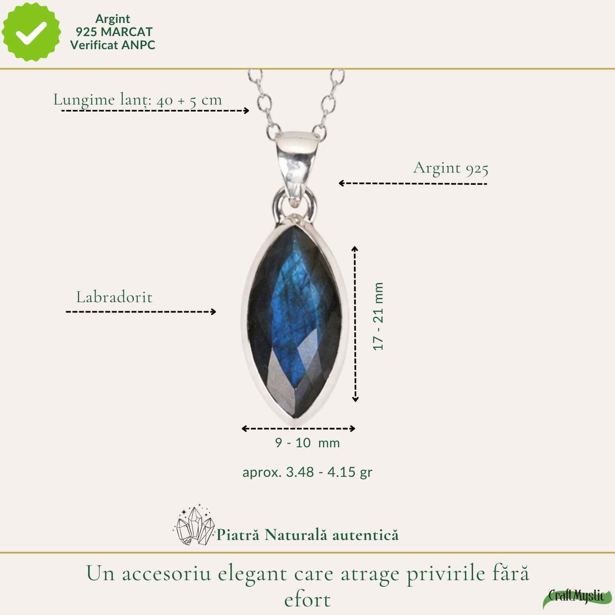 Colier Argint 925 cu Labradorit Fatetat Delicat – Intuitie si Protectie