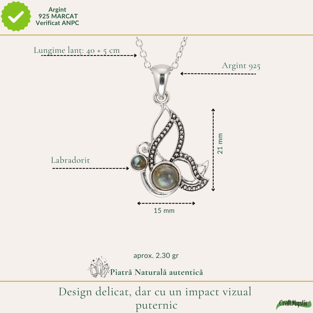 Colier Argint 925 in forma de Fluture cu Labradorit – Transformare si Intutie