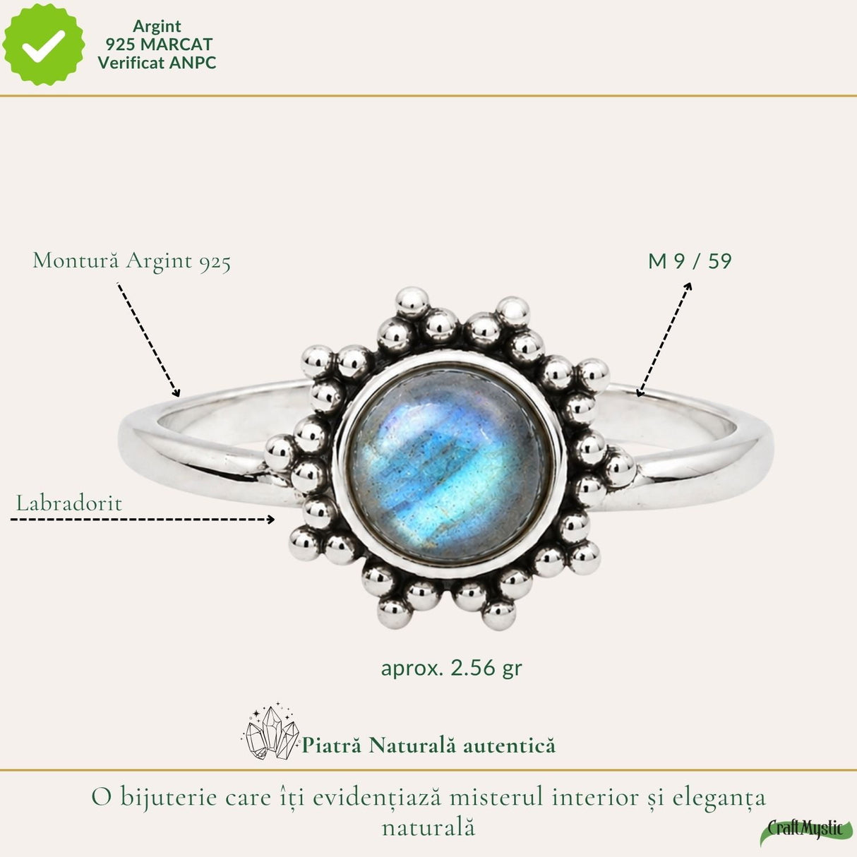 Inel argint 925 cu Labradorit floare – protectie si energie misterioasa