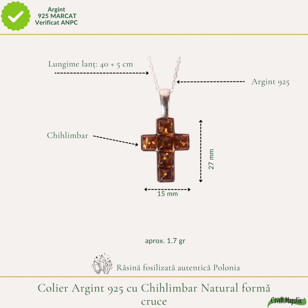 Colier argint 925 forma cruce si chihlimbar natural - Protectie si energie solara