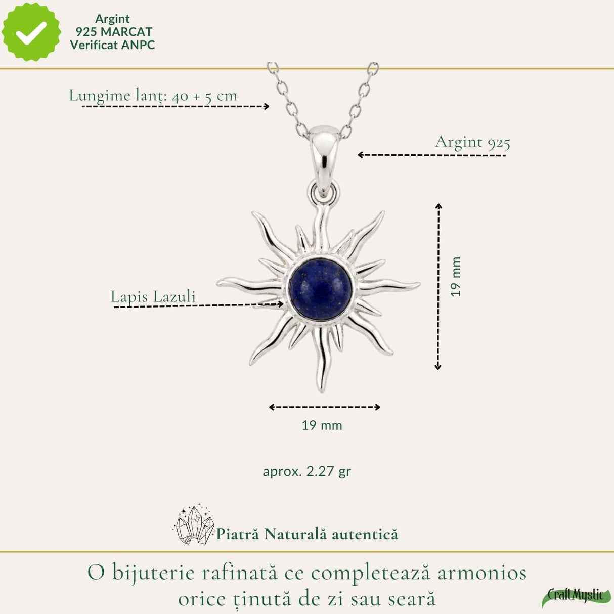 Colier argint 925 cu Lapis Lazuli soare – Claritate mentala si energie pozitiva