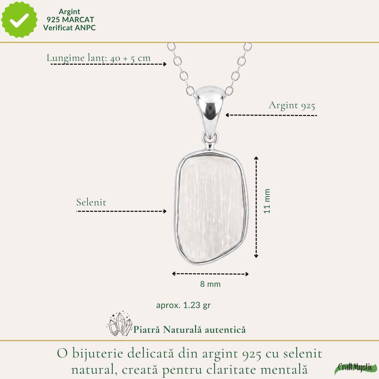 Colier Argint 925 cu Selenit – Claritate si Echilibru Spiritual