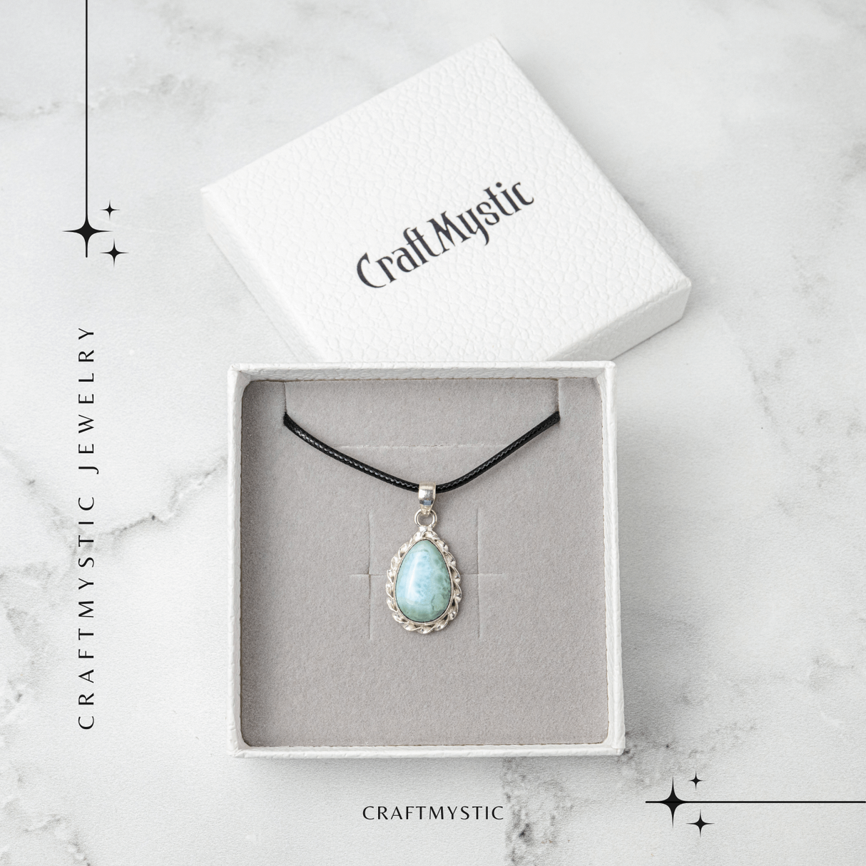 Colier Argintiu cu Piatra Naturala Larimar in Forma de Lacrima - Calm si Armonie Interioara