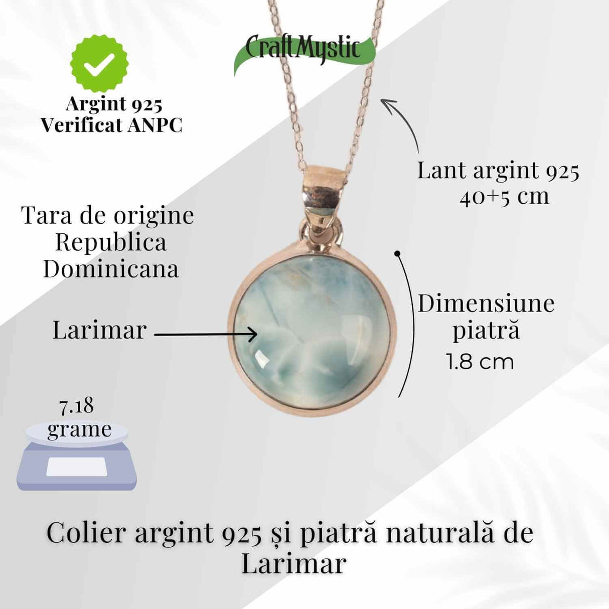 Colier Argint 925 cu Larimar Rotund - Armonie si Calm Oceanic