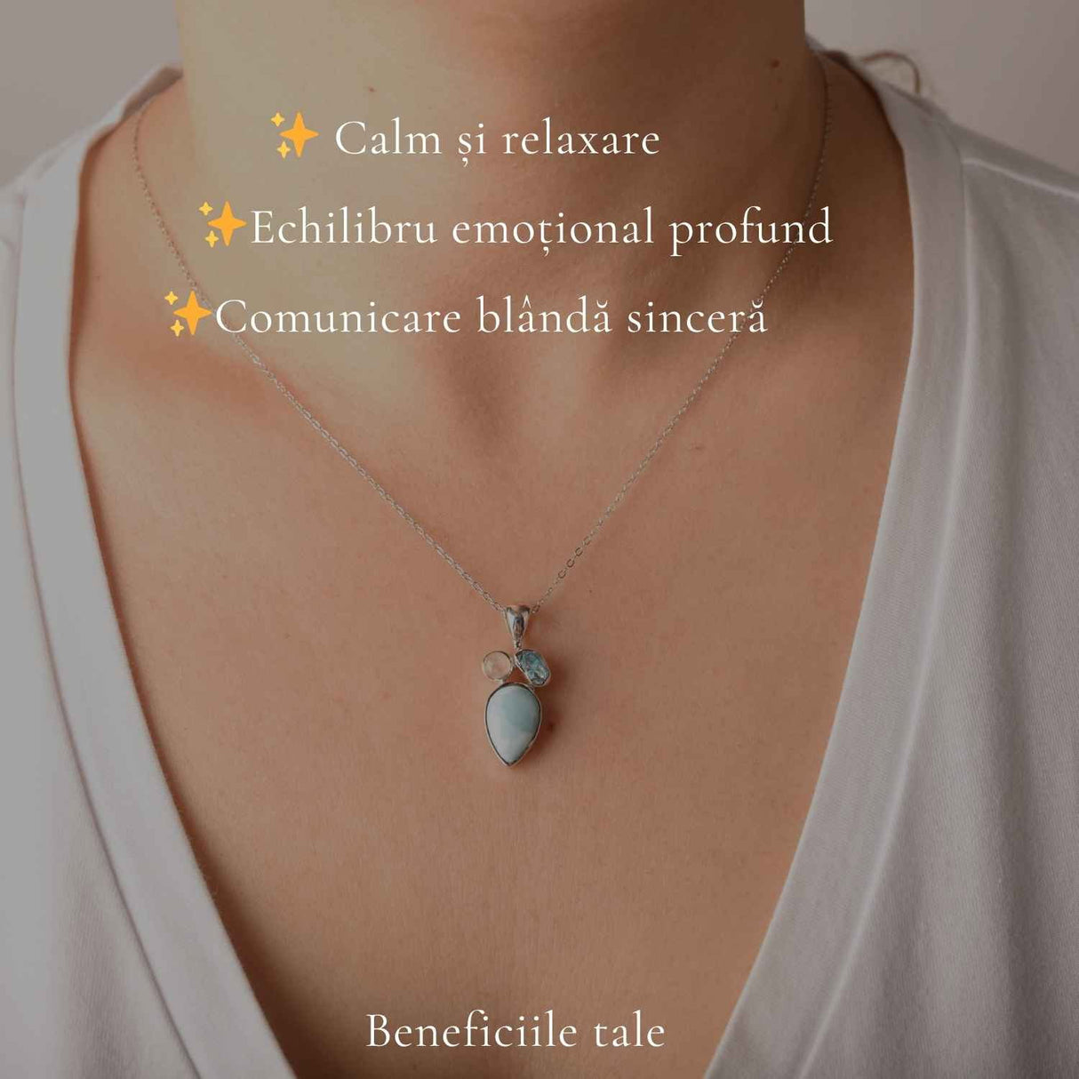 Colier Argint 925 cu Larimar, Apatit Albastru si Piatra Lunii Floare – Feminitate si Calm