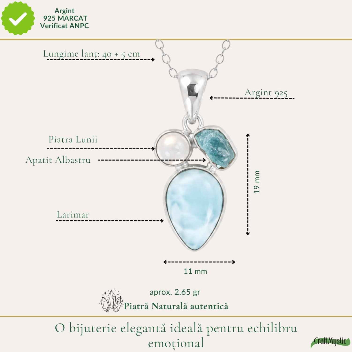 Colier Argint 925 cu Larimar, Apatit Albastru si Piatra Lunii Floare – Feminitate si Calm