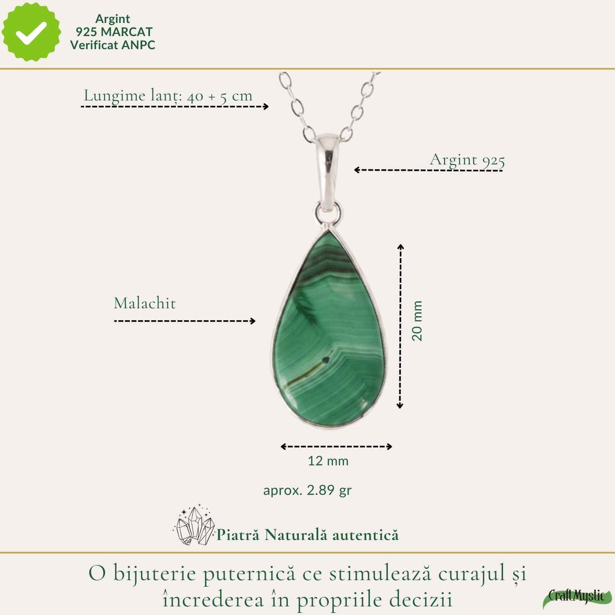 Colier Argint 925 cu Malachit Lacrima – Protectie si Eliberare Emotionala