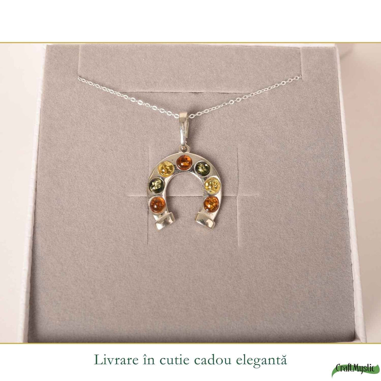Colier argint 925 cu potcoava si chihlimbar natural - Noroc si energie solara
