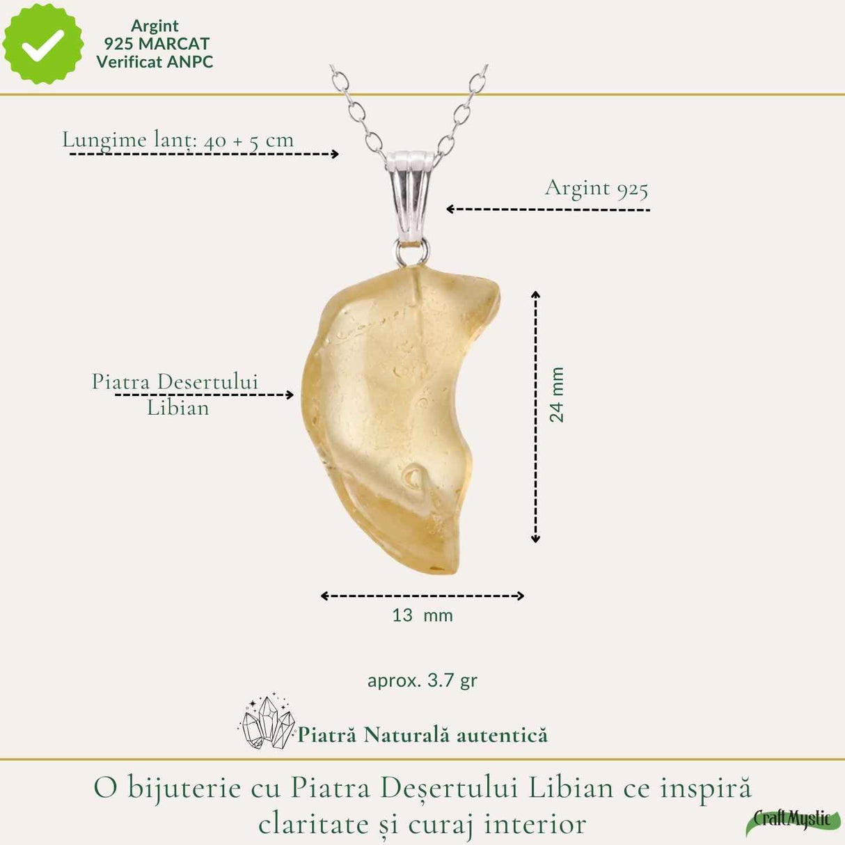 Colier Argint 925 cu Piatra Desertului Libian Brut – Claritate si Energie Solara