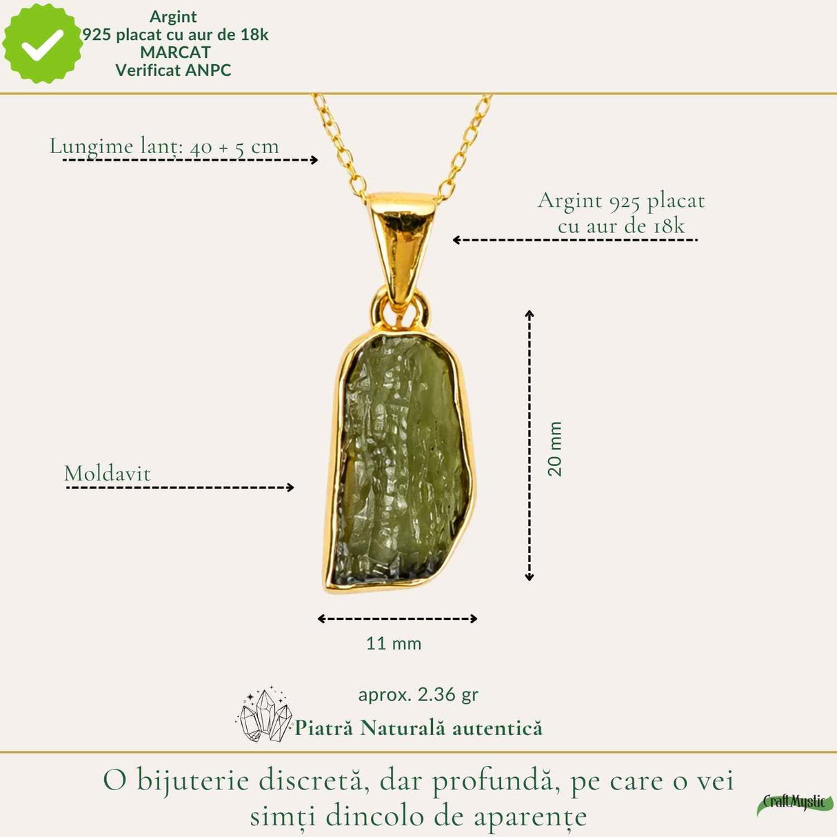 Colier Moldavit Brut Neuniform din Argint 925 Placat Aur – Transformare si Claritate
