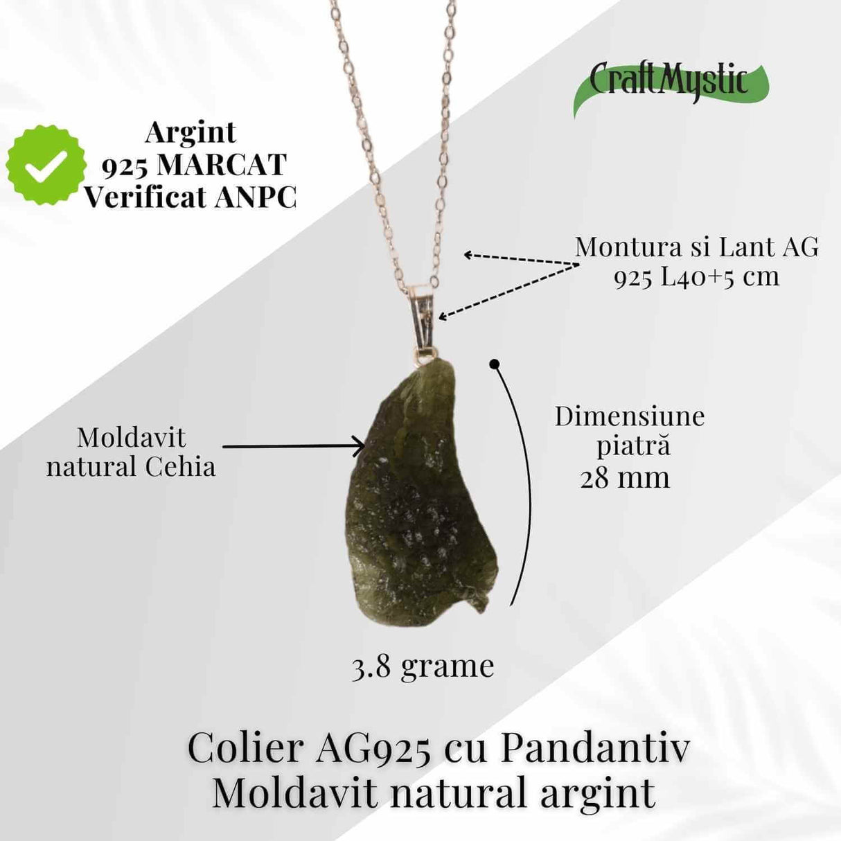 Colier Argint 925 cu Moldavit natural brut 3.8 g - prezenta, sens si spatiu pentru tine