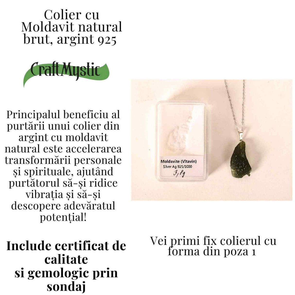 Colier Argint 925 cu Moldavit natural brut 3.8 g - prezenta, sens si spatiu pentru tine