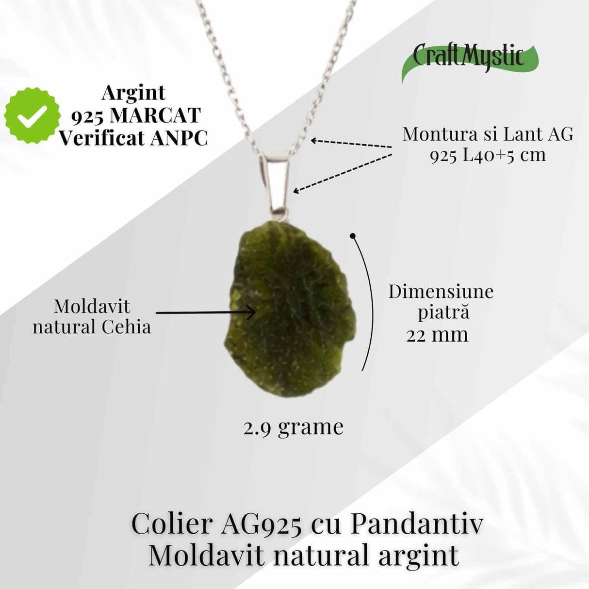 Colier Argint 925 cu Moldavit natural brut 2.9 g - o piatra a schimbarii blande si a claritatii interioare