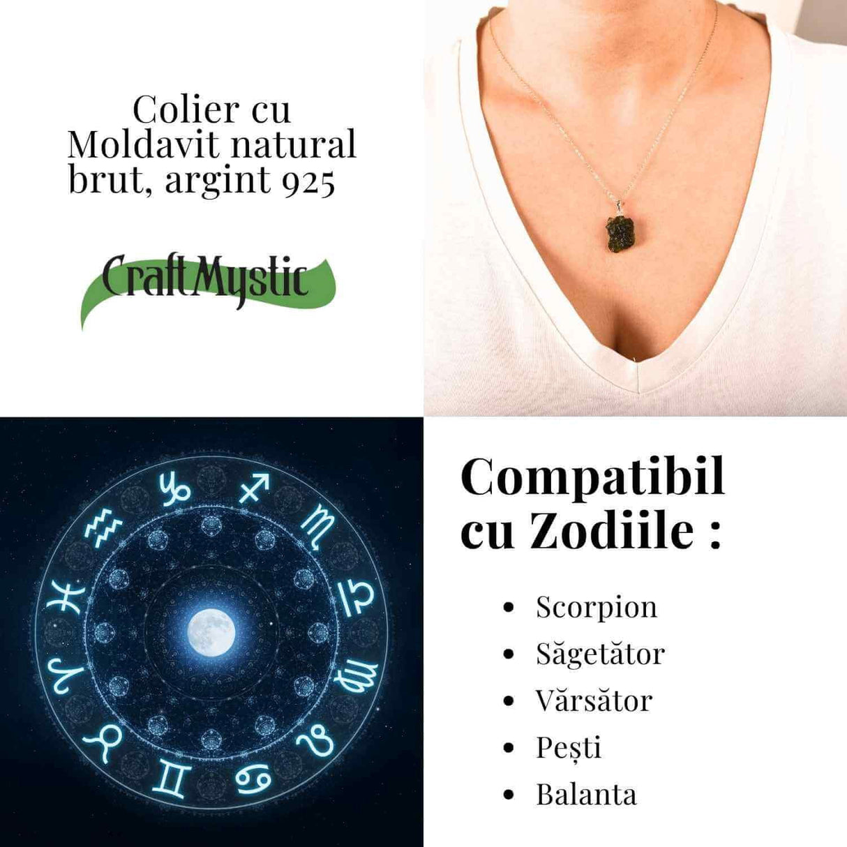 Colier Argint 925 cu Moldavit natural brut 2.2 g -sprijin discret pentru reflecție si calm