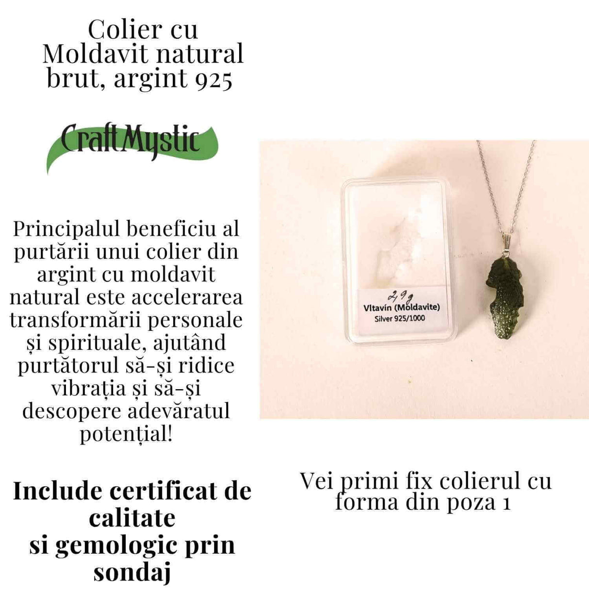 Colier Argint 925 cu Moldavit natural brut 2.9 g - echilibru emotional si prezenta in ritmul tau