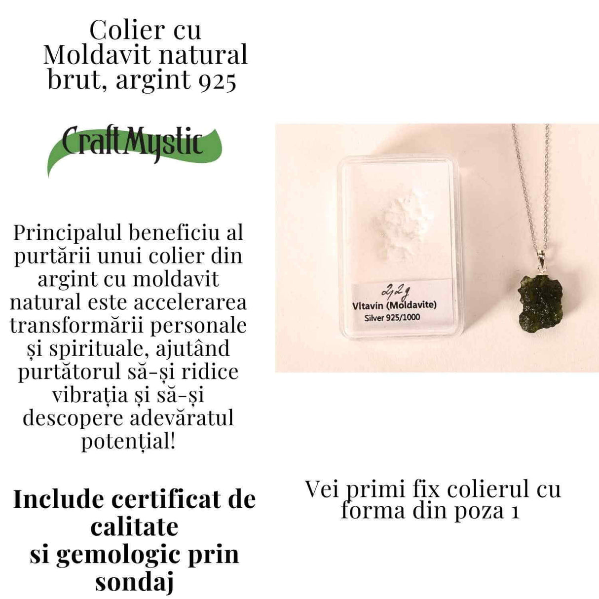 Colier Argint 925 cu Moldavit natural brut 2.2 g -sprijin discret pentru reflecție si calm