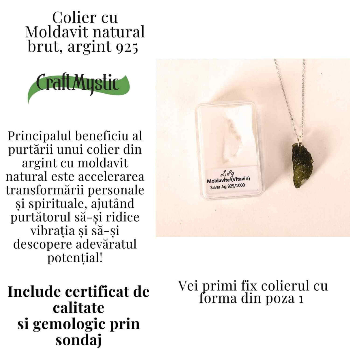 Colier Argint 925 cu Moldavit natural brut 2.8 g - simbol al schimbarii asumate si al echilibrului