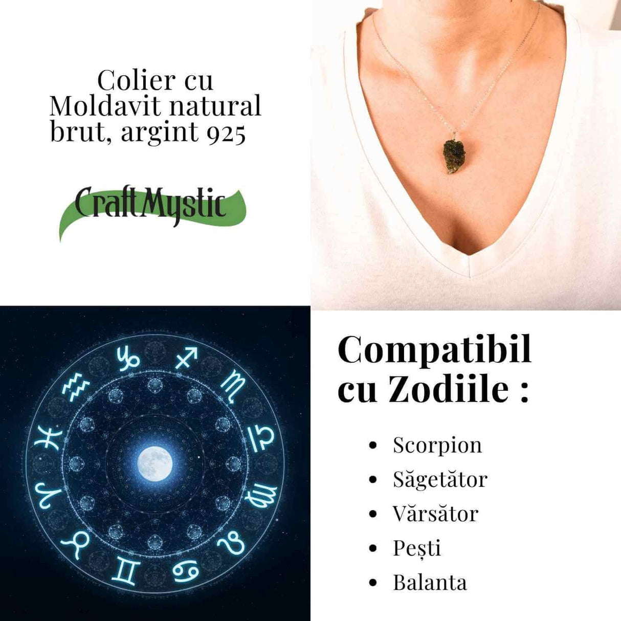 Colier Argint 925 cu Moldavit natural brut 2.6 g - sustinere simbolica pentru schimbare si introspectie