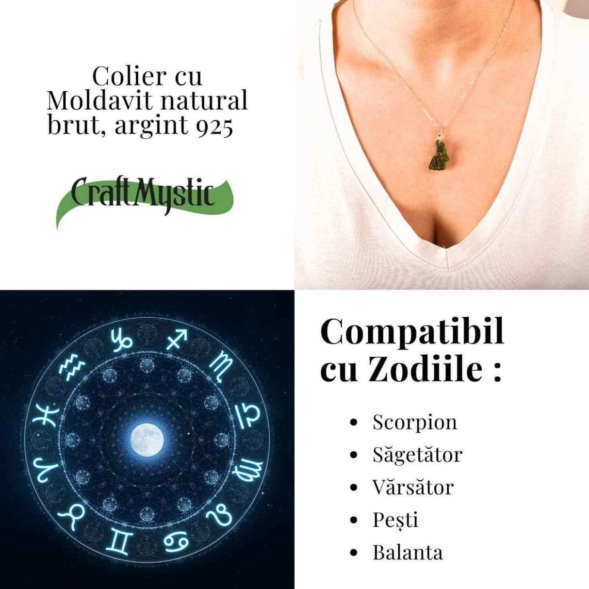 Colier Argint 925 cu Moldavit natural brut 2.2 g -claritate interioara