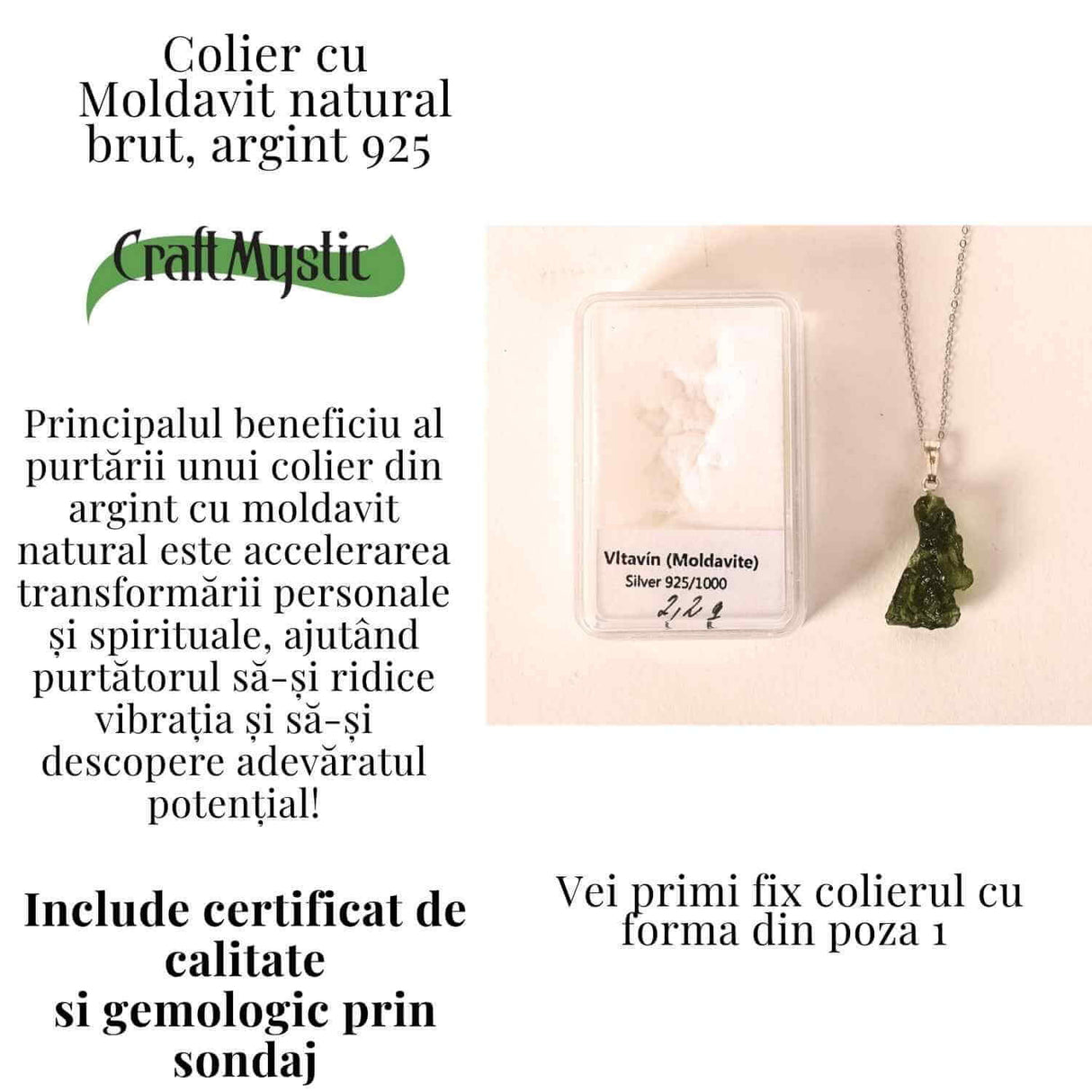 Colier Argint 925 cu Moldavit natural brut 2.2 g -claritate interioara