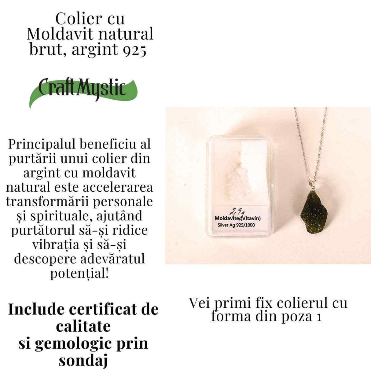 Colier Argint 925 cu Moldavit natural brut 2.9 g - prezenta, sens si spatiu pentru tine