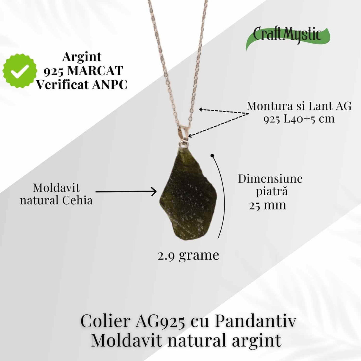 Colier Argint 925 cu Moldavit natural brut 2.9 g - prezenta, sens si spatiu pentru tine