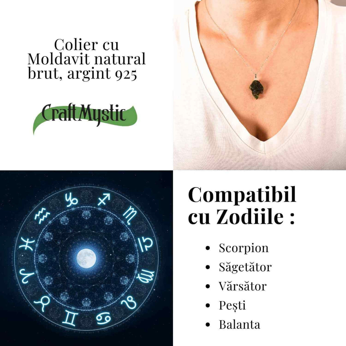 Colier Argint 925 cu Moldavit natural brut 3.2 g - un simbol al claritatii si al deschiderii interioare