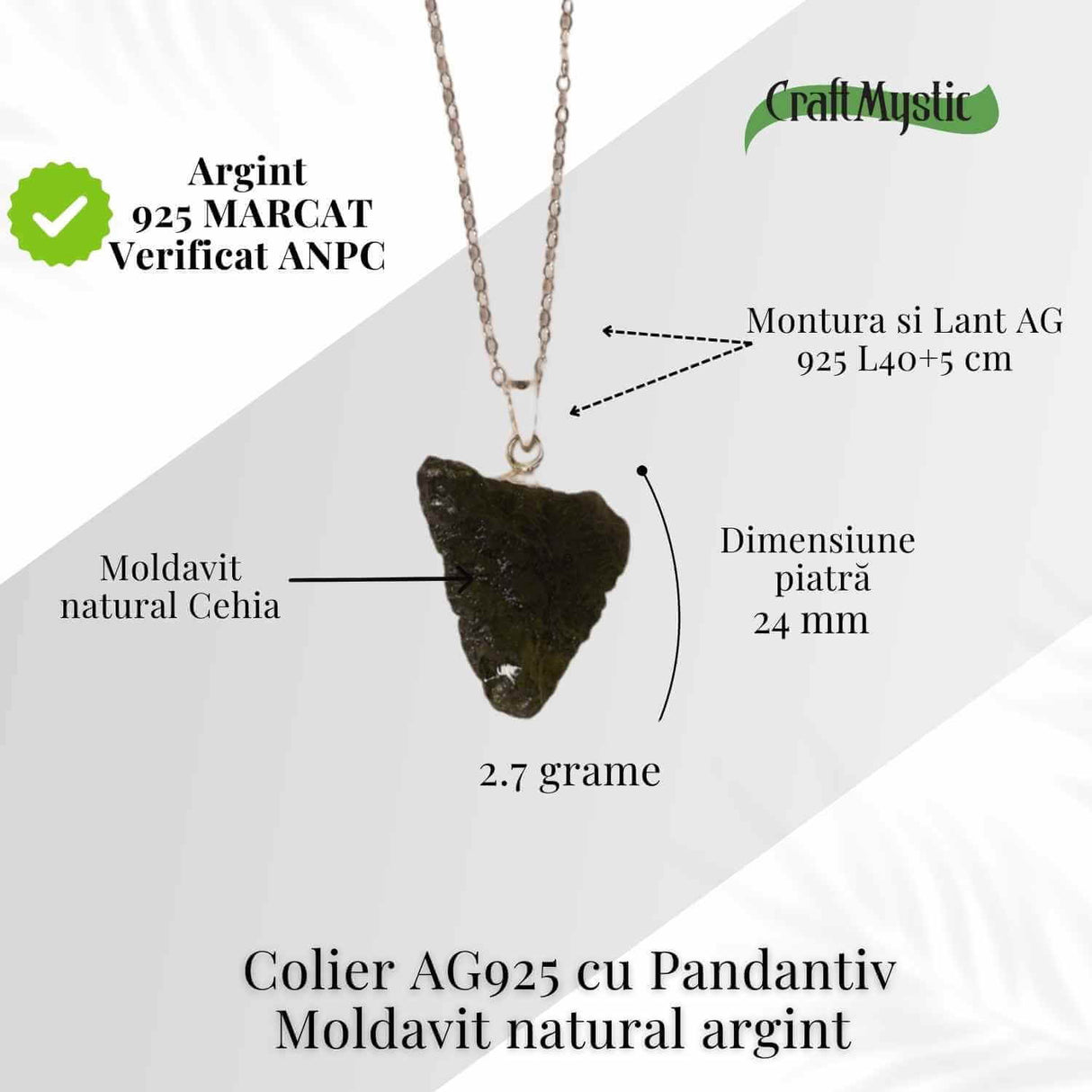 Colier Argint 925 cu Moldavit natural brut 2.7 g - claritate emotionala si conectare cu intentiile tale
