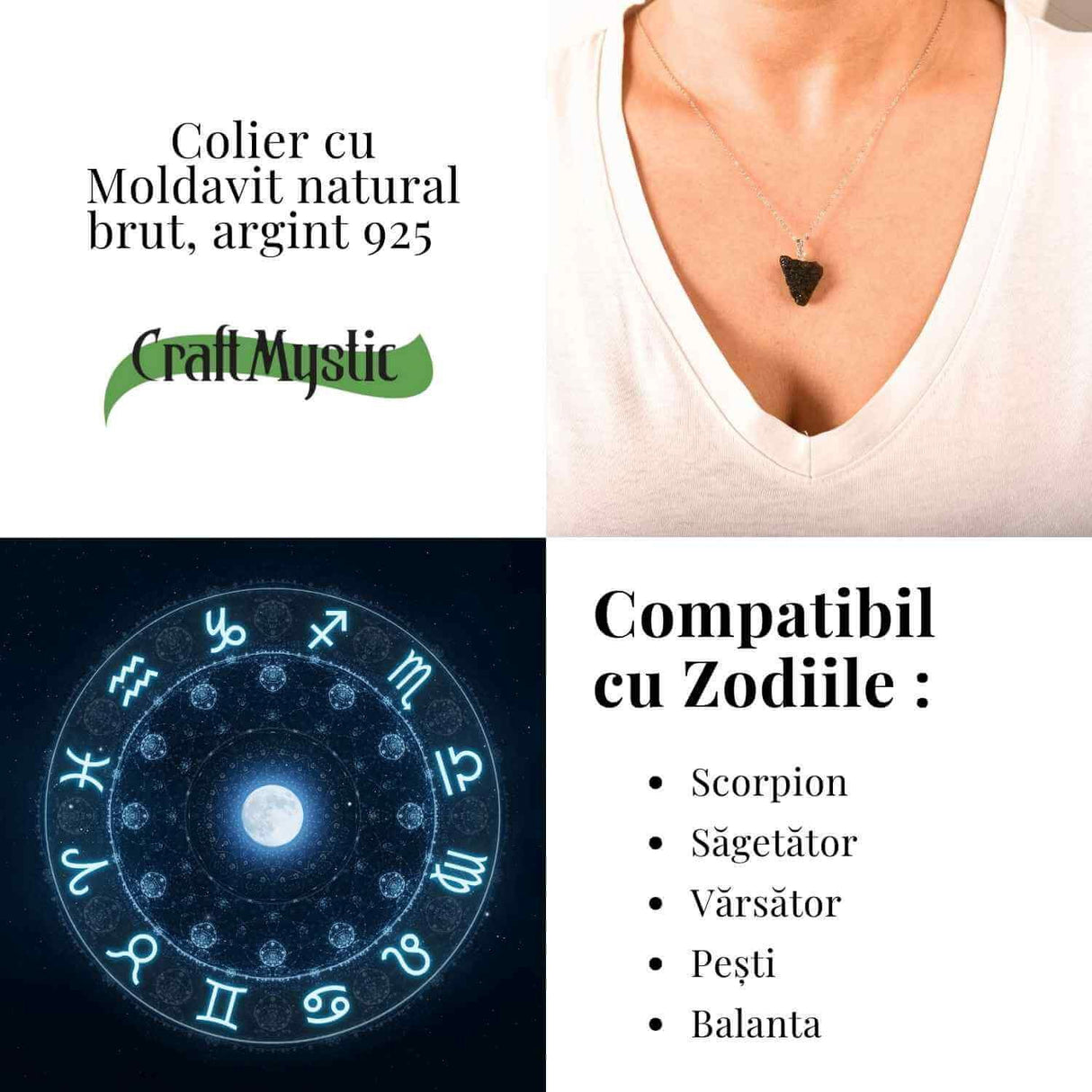 Colier Argint 925 cu Moldavit natural brut 2.7 g - claritate emotionala si conectare cu intentiile tale