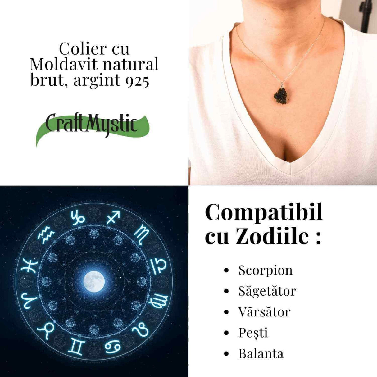 Colier Argint 925 cu Moldavit natural brut 2.6 g - o piatra a schimbarii blande si a claritatii interioare