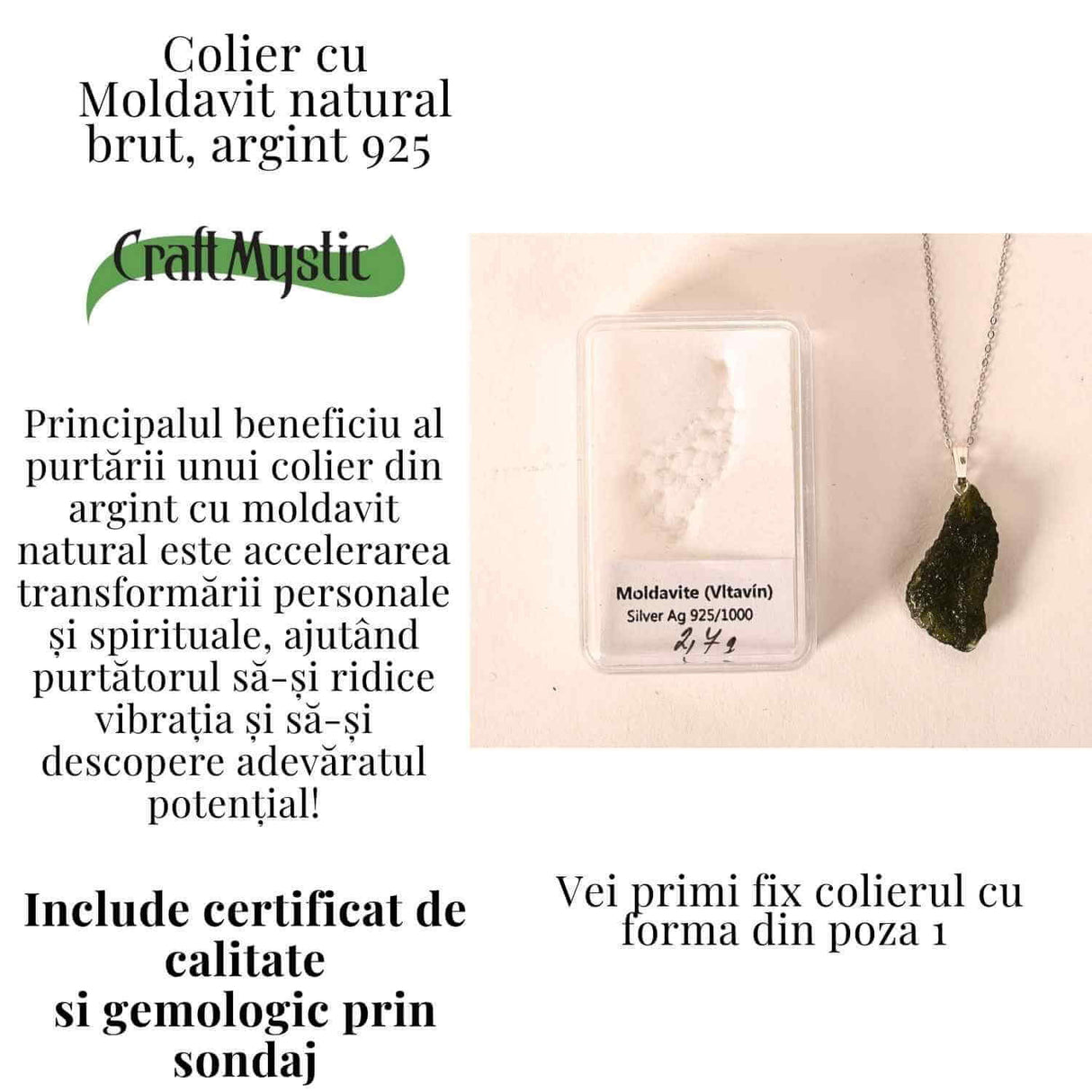 Colier Argint 925 cu Moldavit natural brut 2.7 g - un obiect cu sens pentru claritate si autoobservare