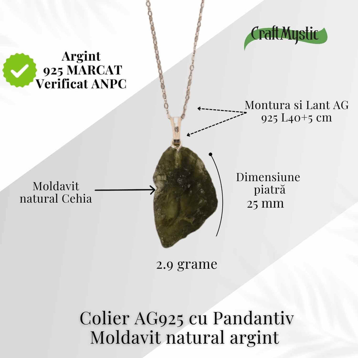 Colier Argint 925 cu Moldavit natural brut 2.9 g - o ancora simbolica pentru transformare blanda