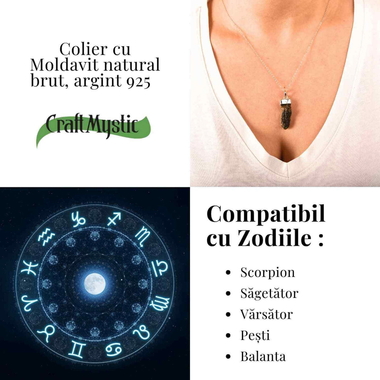 Colier Argint 925 cu Moldavit natural brut 2.7 g - Obiect cu Energie de Reannoire si Claritate Personala