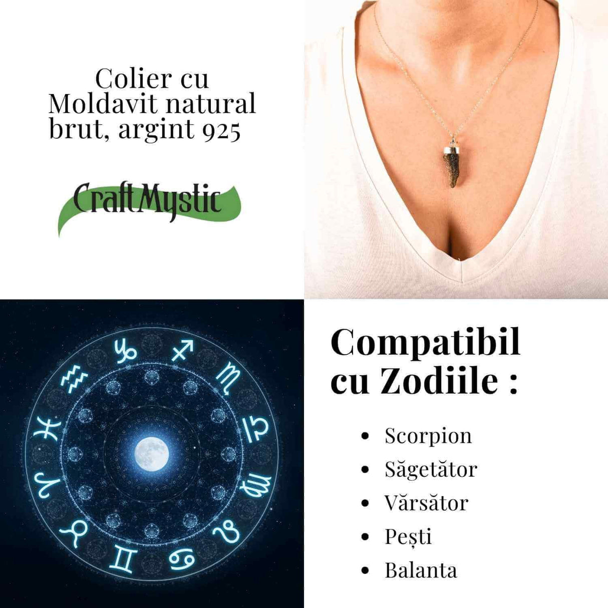 Colier Argint 925 cu Moldavit natural brut 2.6 g - Simbol al Schimbarii Conetiente si Echilibrului Emotional