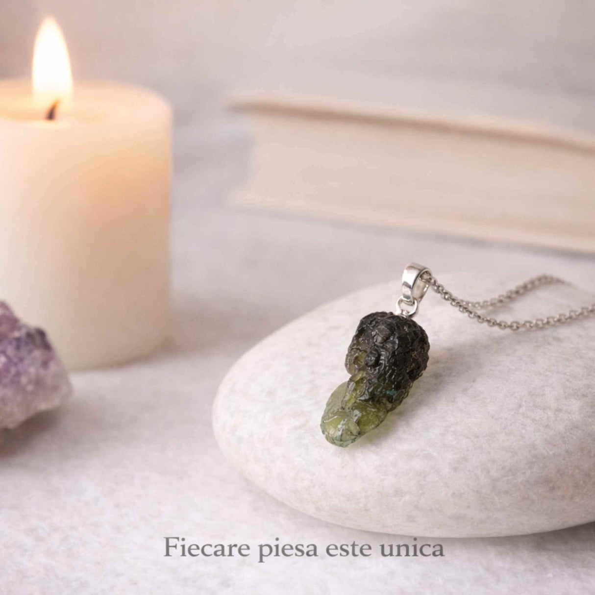 Colier Argint 925 cu Moldavit natural brut 2.3 g - talisman de transformare profunda