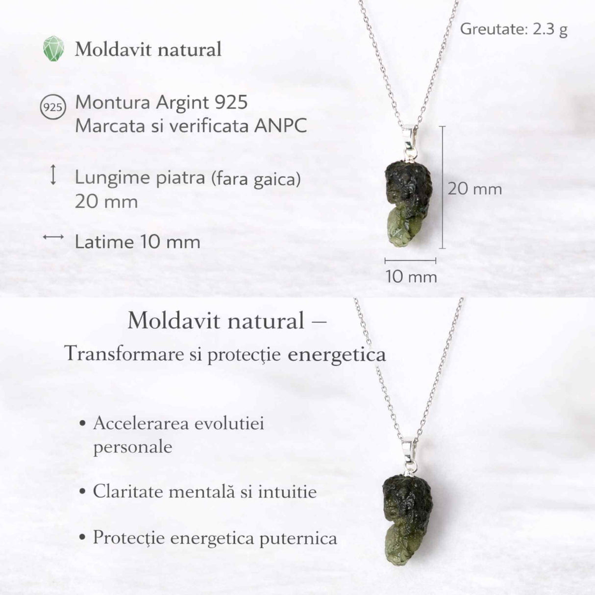 Colier Argint 925 cu Moldavit natural brut 2.3 g - talisman de transformare profunda