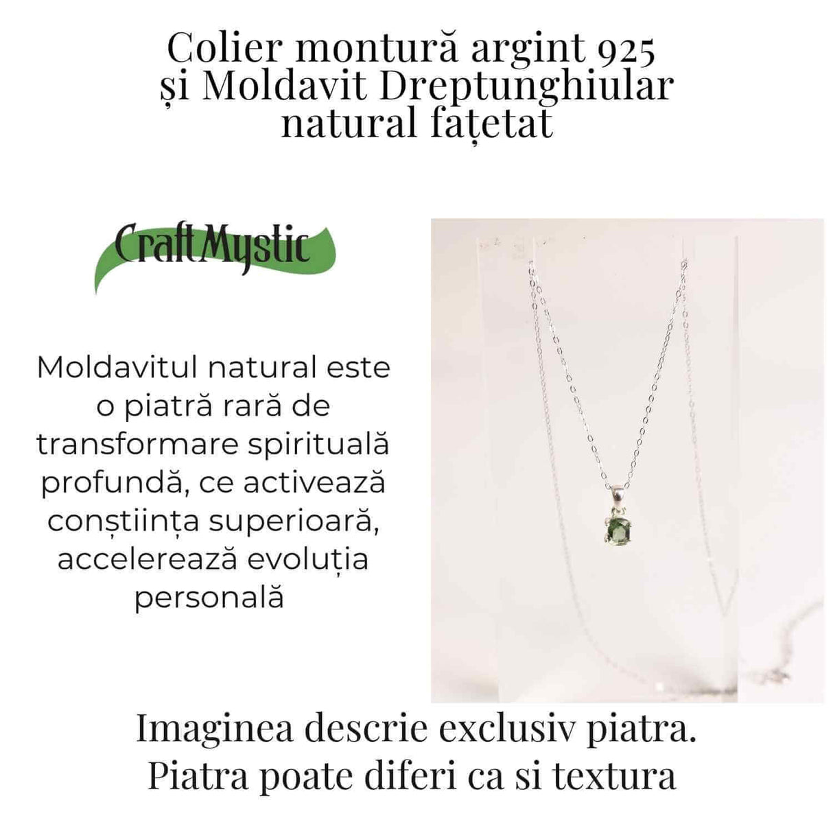 Colier argint 925 cu Moldavit natural fatetat dreptunghiular - Claritate si transformare constienta