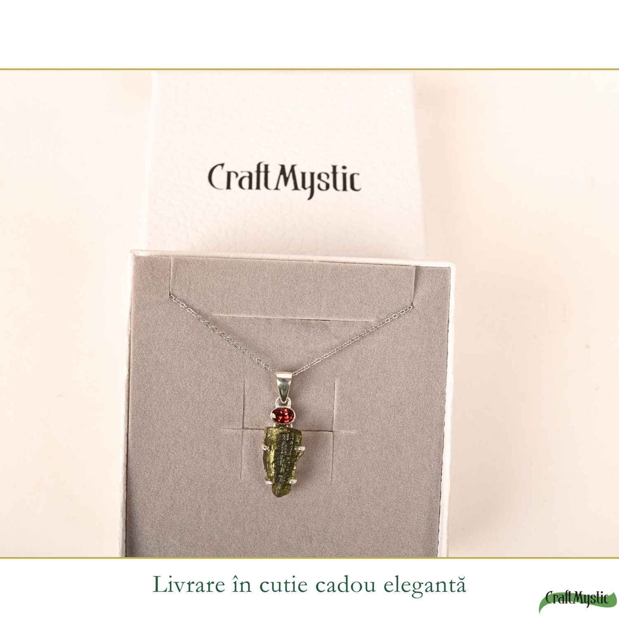 Colier argint 925 Moldavit si Granat Natural – Energie, Curaj si Transformare
