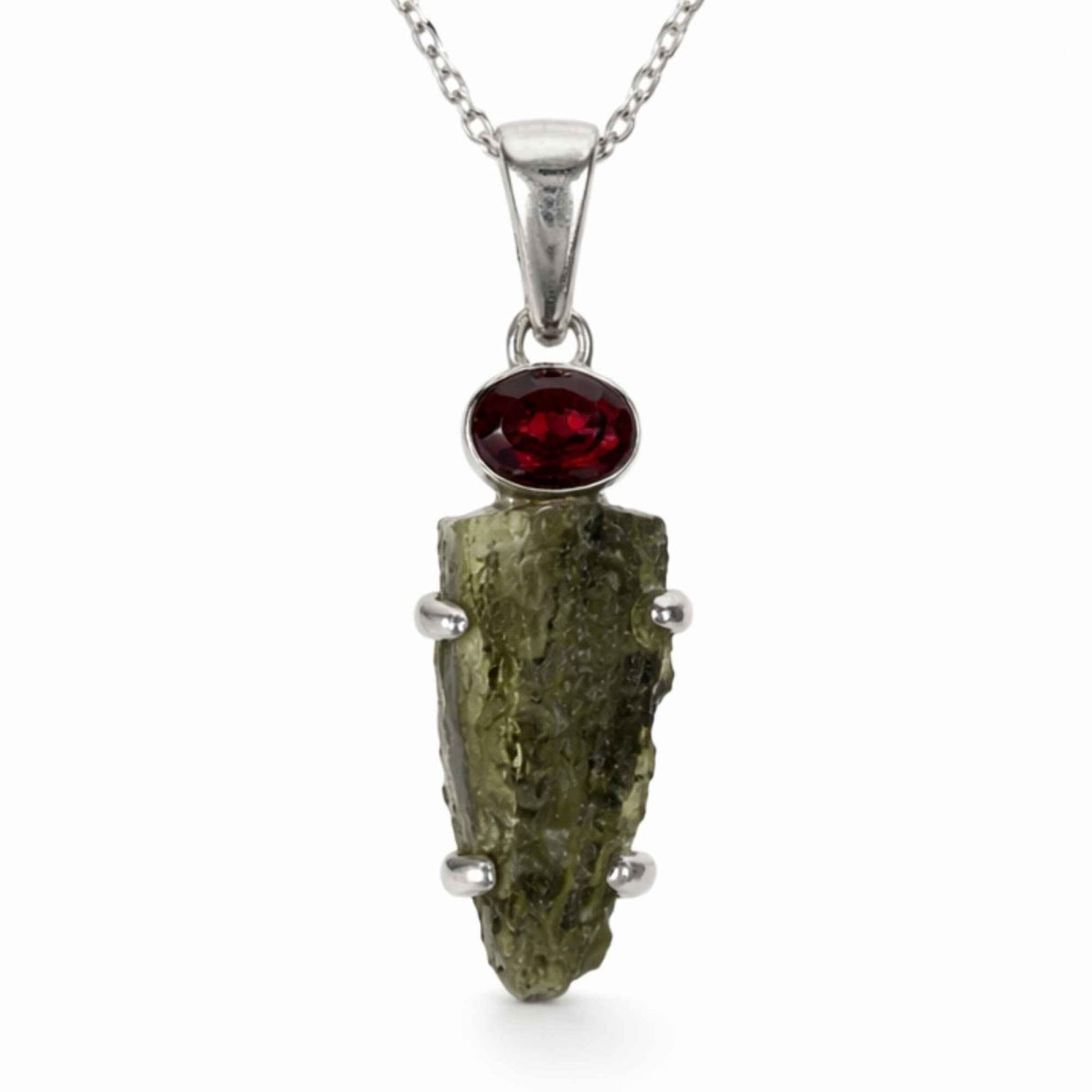 Colier argint 925 Moldavit si Granat Natural – Energie, Curaj si Transformare