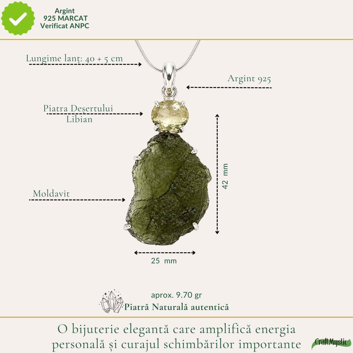 Colier Argint 925 cu Moldavit si Piatra Desertului Libian – Claritate si Energie