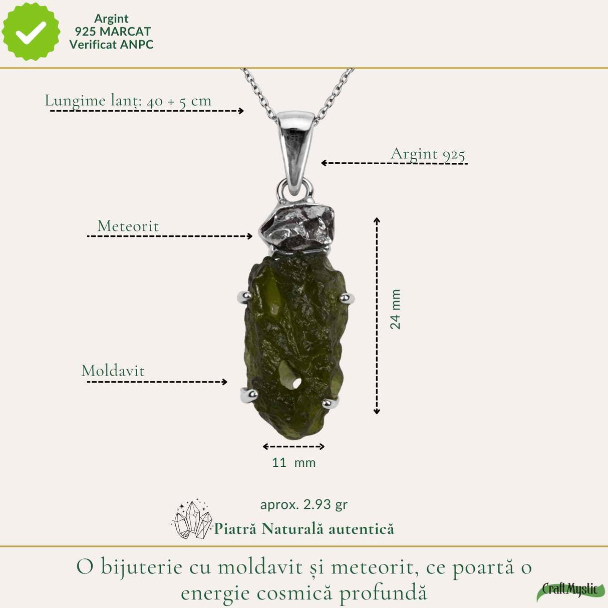 Colier Argint 925 cu Moldavit si Meteorit Brut – Transformare si Energie Cosmice