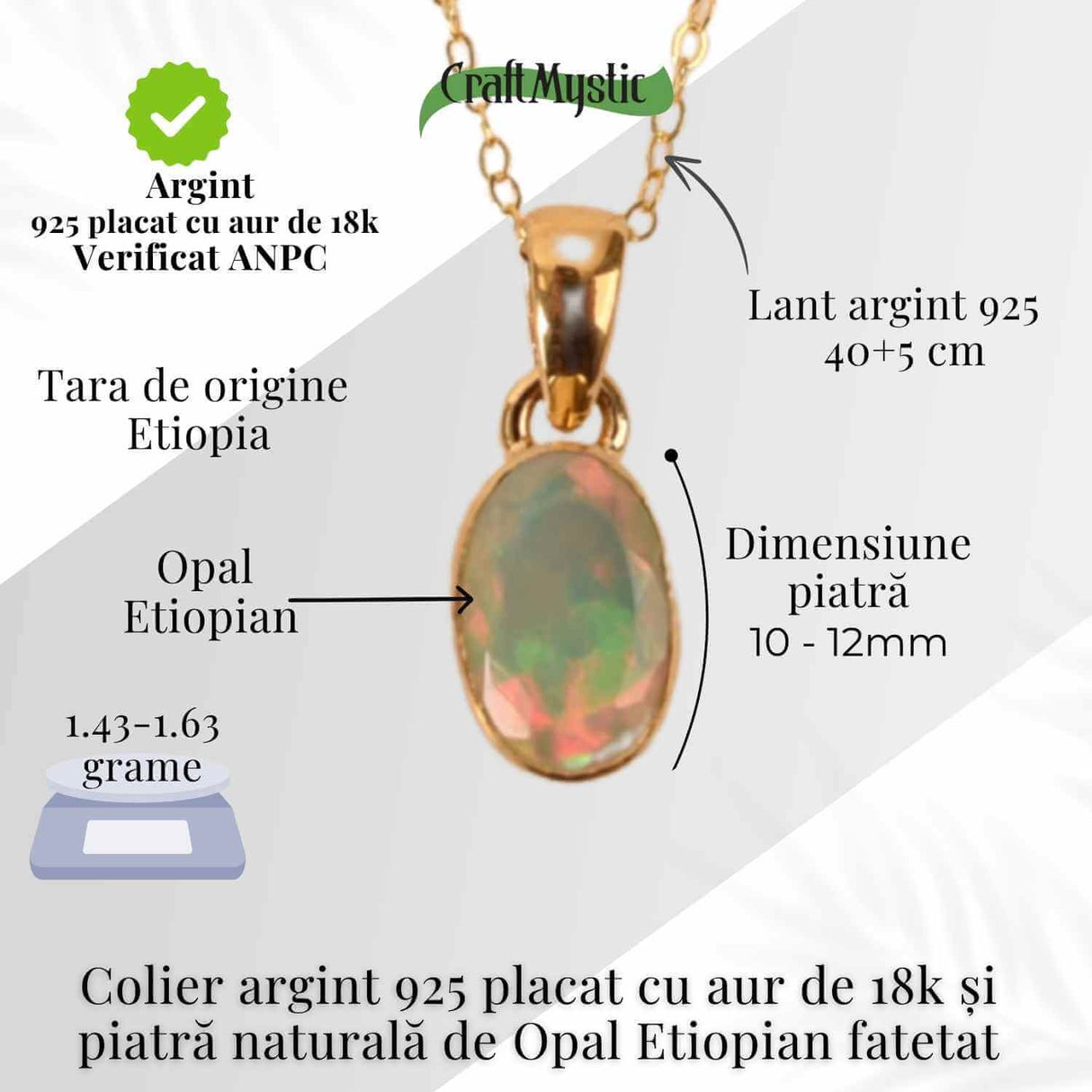 Colier Argint 925 placat cu aur 18K cu Opal Etiopian Fatetat Oval - Lumina Interioara si Armonie Divina