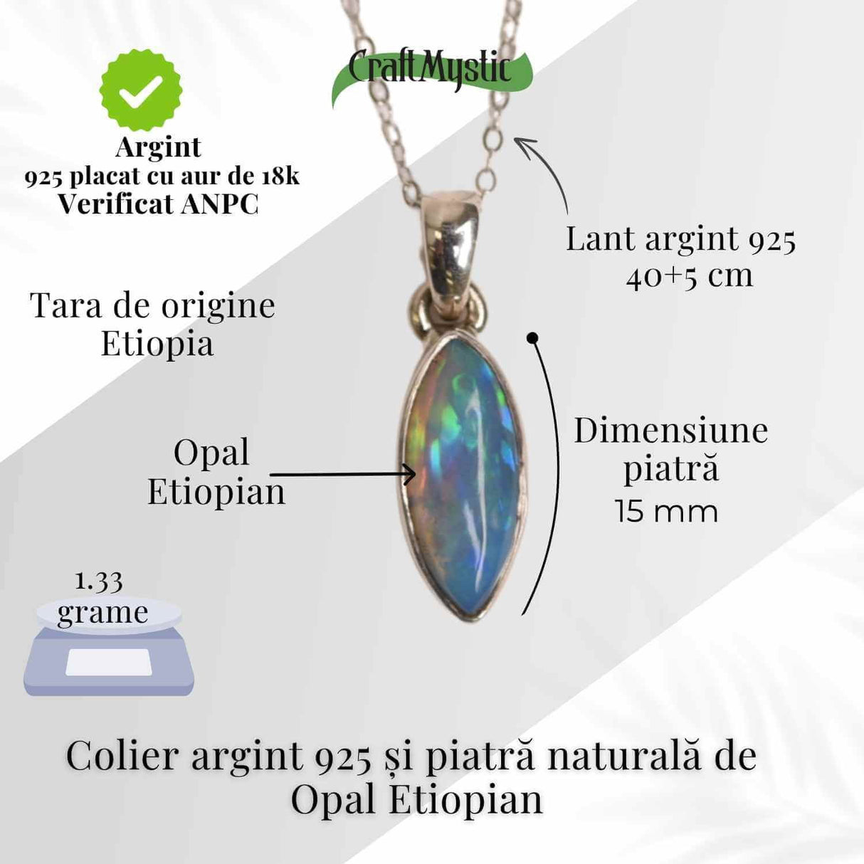 Colier argint 925 cu Opal Etiopian forma delica - Lumina sufletului in miscare